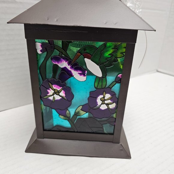 New Pagoda Zen Stained Floral Glass Solar Powered Garden Humming Bird Lantern - Picture 2 of 16